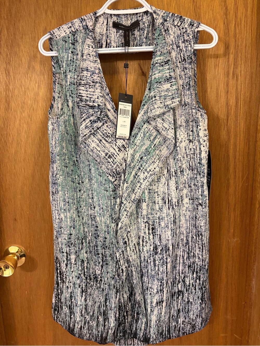 BCBGMaxAzria Sleeveless Draped Open-Front Blouse in Mint, Navy & White